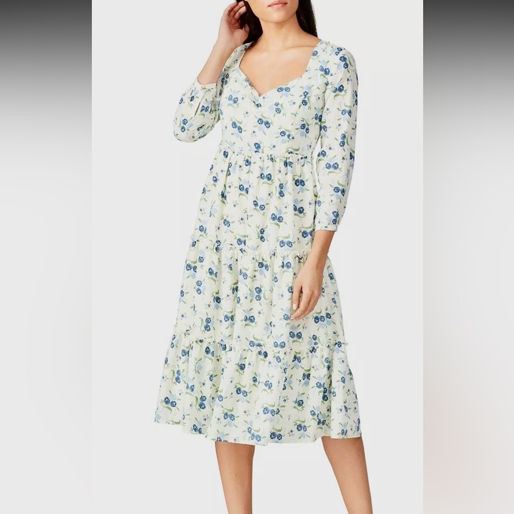 Sweet Baby Jamie 3/4 Sleeve Sweetheart Neck Tiered A-line Floral Midi Dress